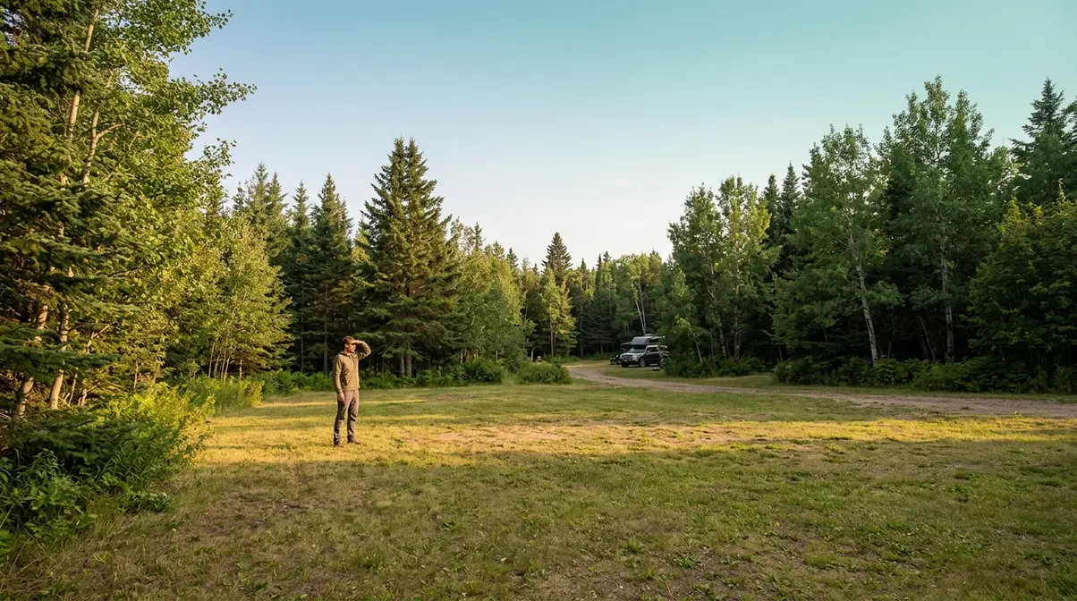 Camper surveying a flat forested campsite for cabin tent setup in afternoon light