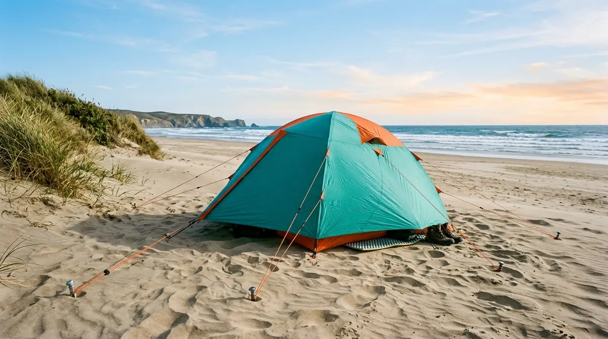 Dome tent pitched on sandy beach with guy lines anchored using sand stakes in coastal wind