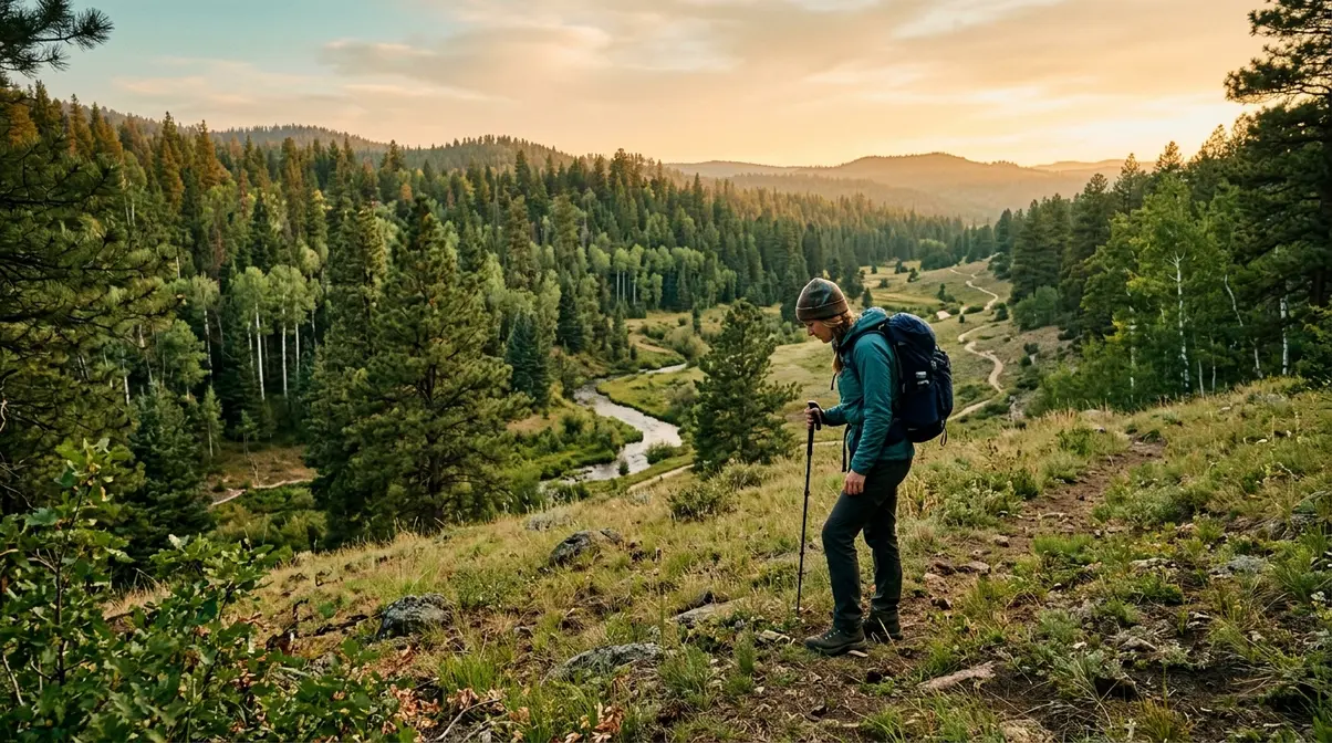 Hiker assessing campsite terrain on a hillside slope before pitching a tent