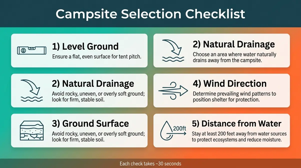 Campsite selection checklist showing five factors to assess before pitching a tent on sloped ground