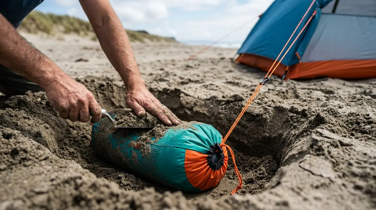 Hands burying a sand-filled stuff sack horizontally in a beach trench for a dead-man tent anchor