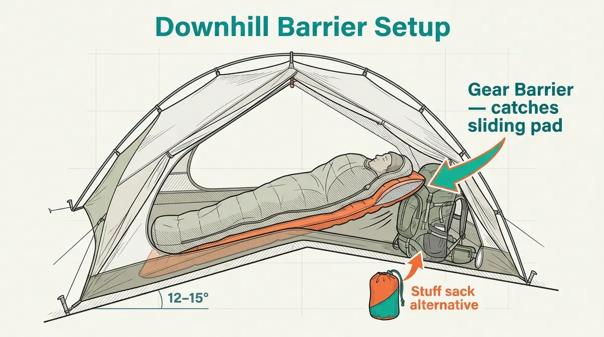 Illustration showing a backpack positioned as a downhill barrier inside a tent pitched on a sloped surface