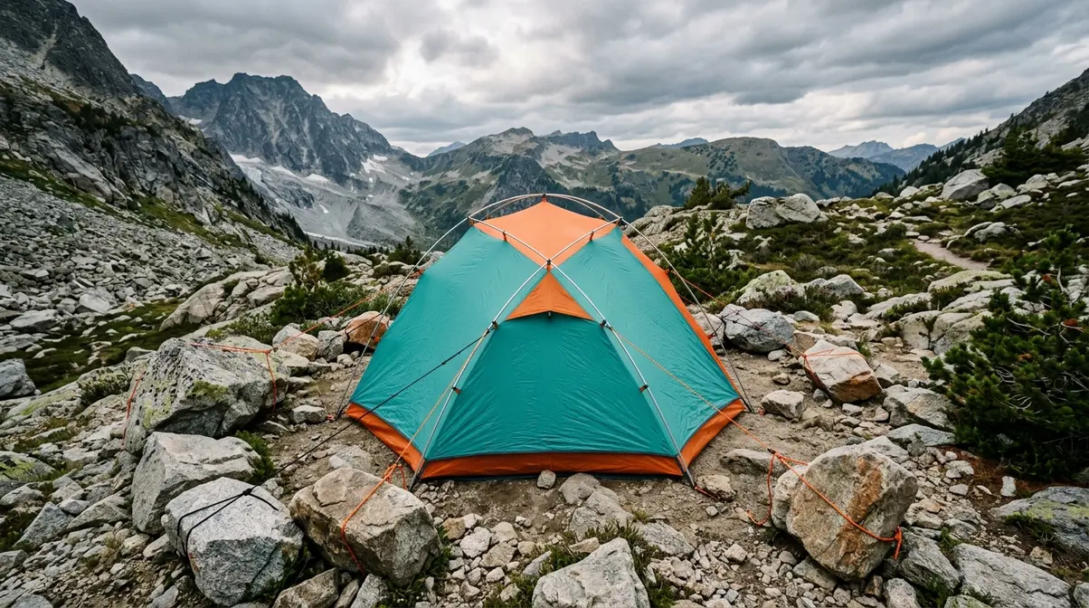 Freestanding dome tent on rocky ground with large rocks used as anchors instead of stakes