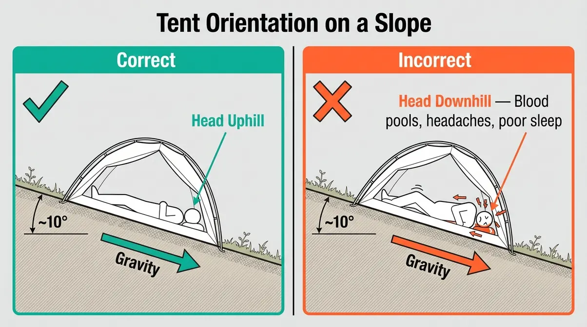 Diagram comparing correct head-uphill tent orientation versus incorrect head-downhill orientation on a slope