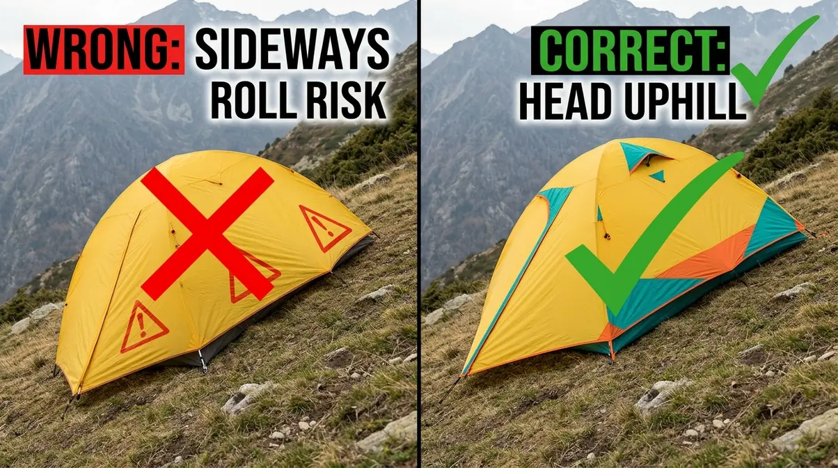 Comparison showing wrong perpendicular tent pitch versus correct aligned head-uphill orientation on a slope