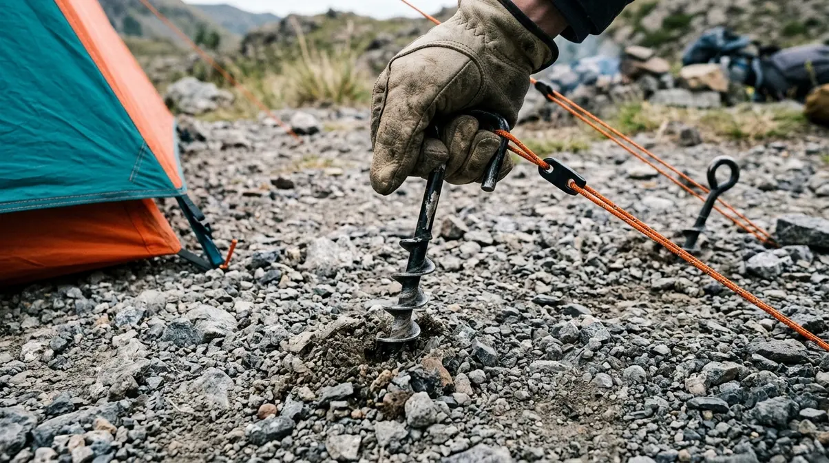 Gloved hand driving a screw-in auger stake into compacted rocky gravel campsite ground