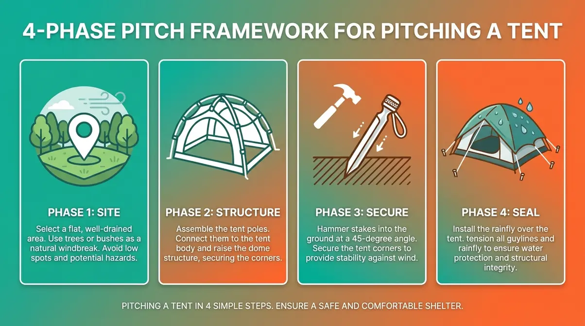 How to pitch a tent using the 4-Phase Pitch Framework: Site, Structure, Secure, and Seal steps illustrated