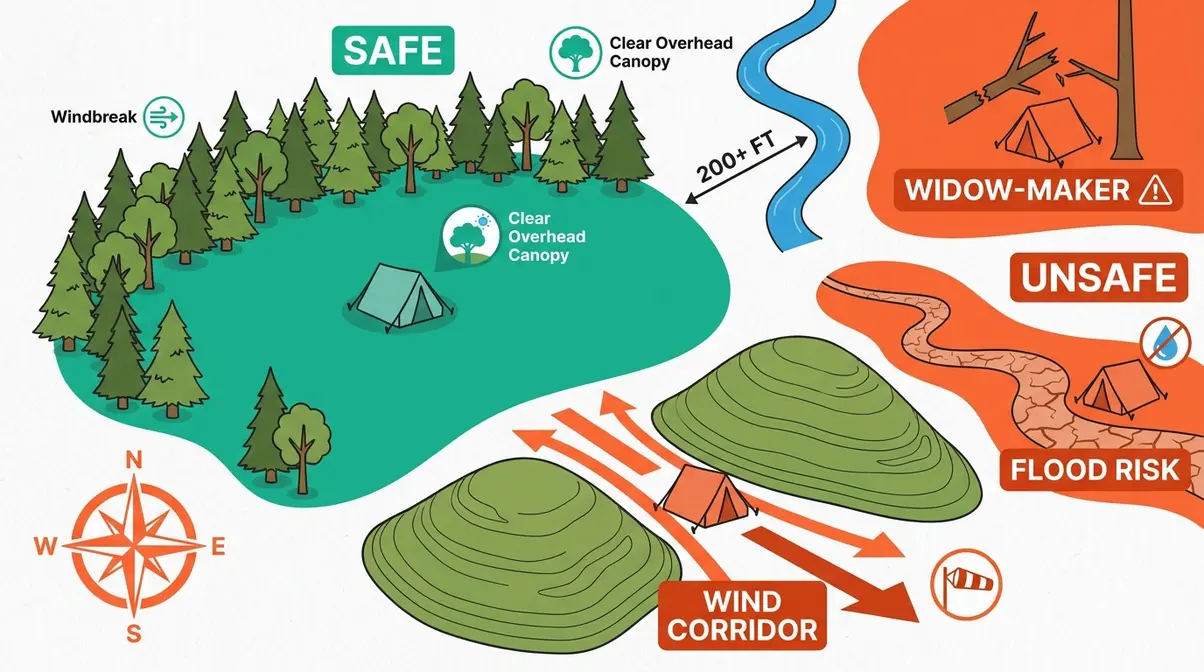 Diagram showing safe tent placement away from widow-makers, flooding zones, and wind corridors