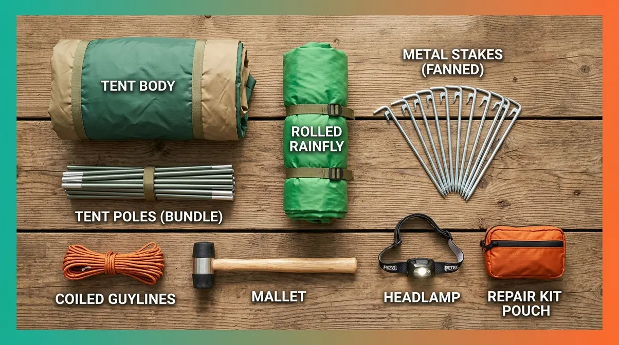 Essential tent pitching gear laid out including poles, stakes, rainfly, guylines, and mallet