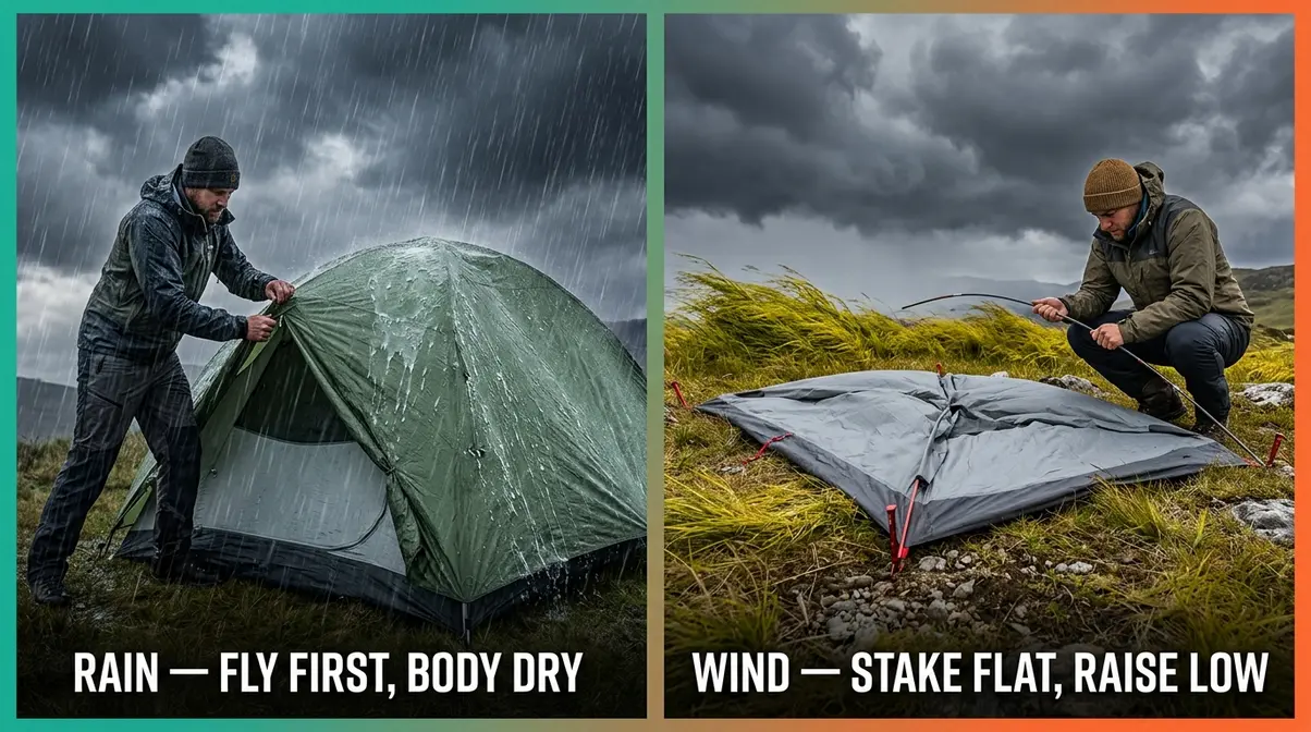 Tent pitching in rain and high wind showing rainfly-first and low-profile stake methods