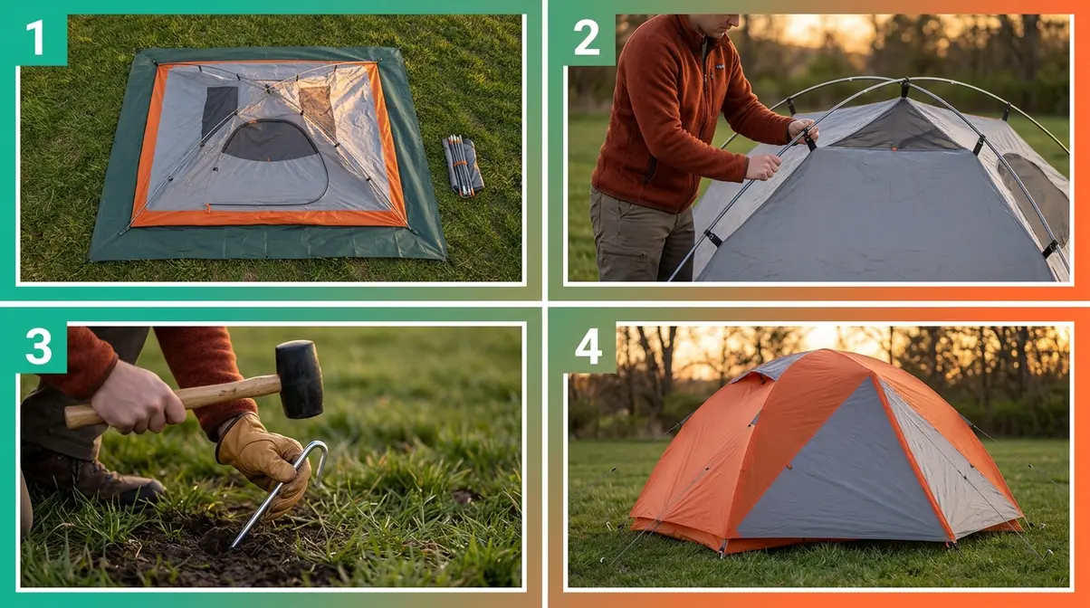 Four-step sequence showing how to pitch a tent from footprint to rainfly attachment