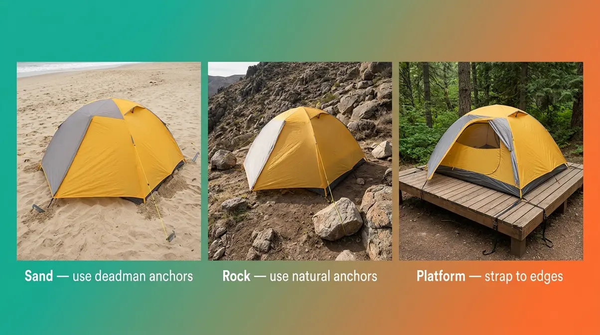 Tent pitching on three terrain types: sand beach, rocky ground, and wooden platform campsite