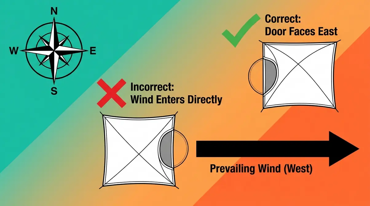 How to pitch a tent with door facing away from prevailing winds, compass diagram