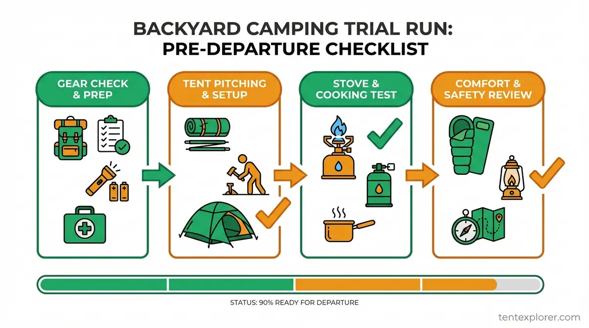 backyard camping trial run checklist showing gear setup steps to complete before a camping trip