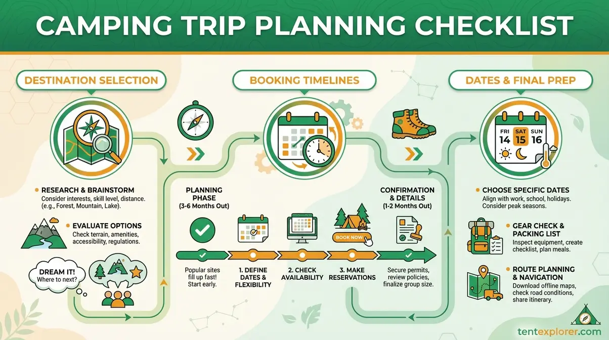 step-by-step camping trip planning checklist covering destination selection, booking, and dates for 2026