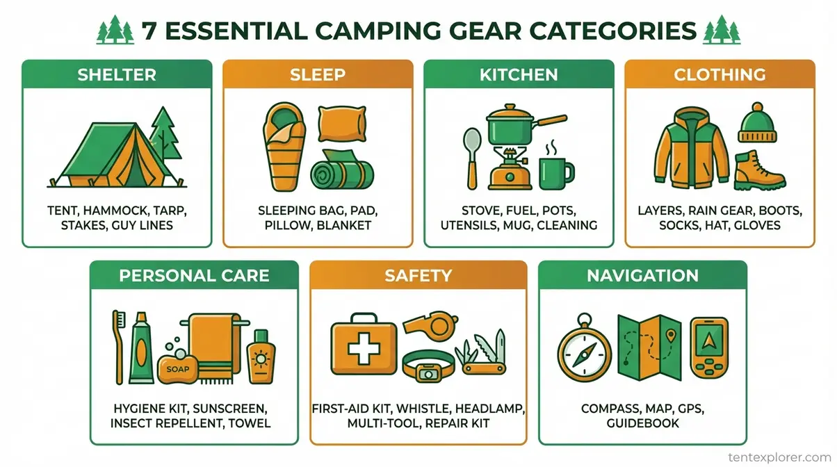 diagram showing seven camping gear categories including shelter sleep kitchen clothing personal care safety and navigation