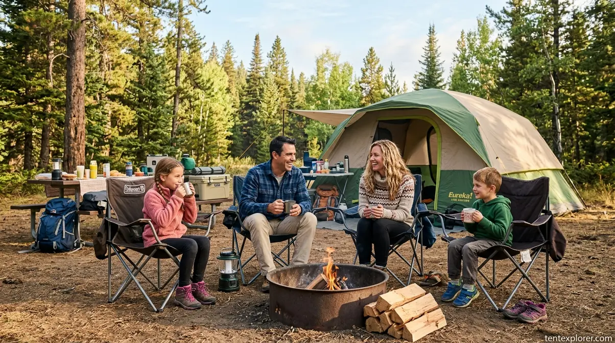 Happy family enjoying a morning at their well-prepared campsite