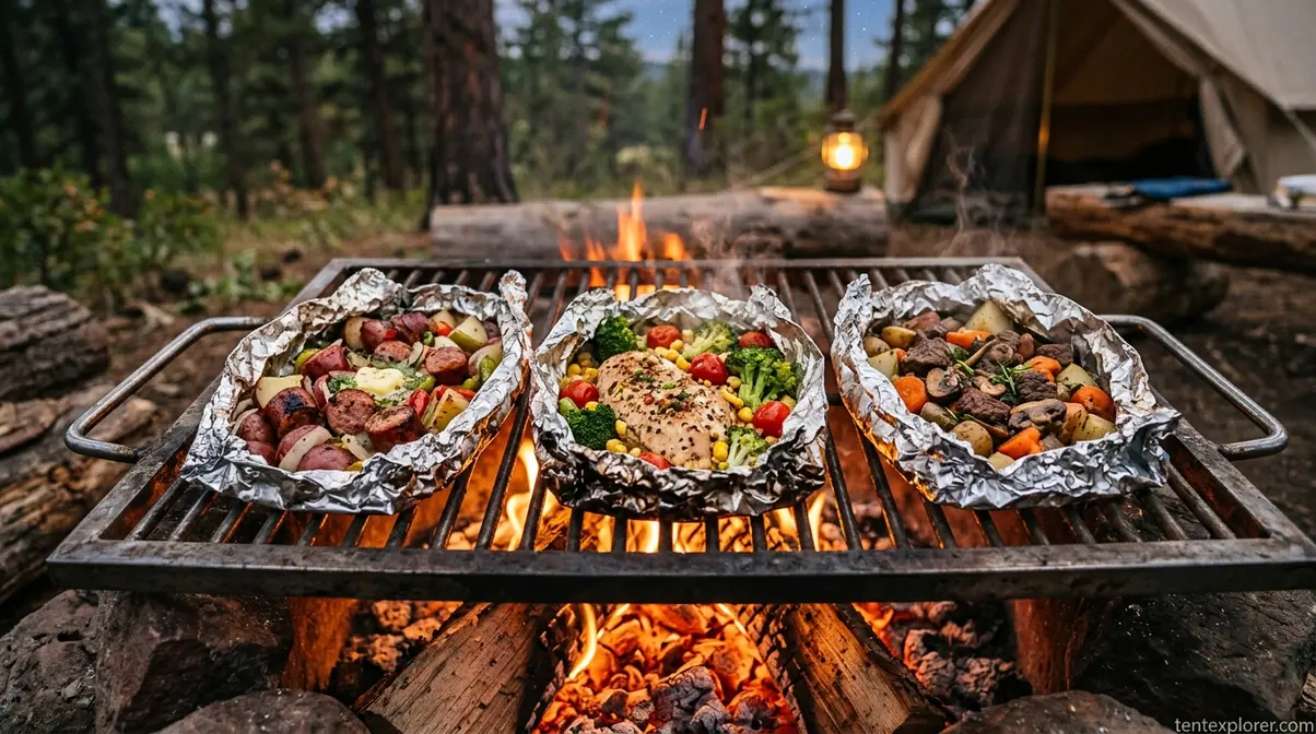 Foil packet camping dinners cooking on a grill over a campfire