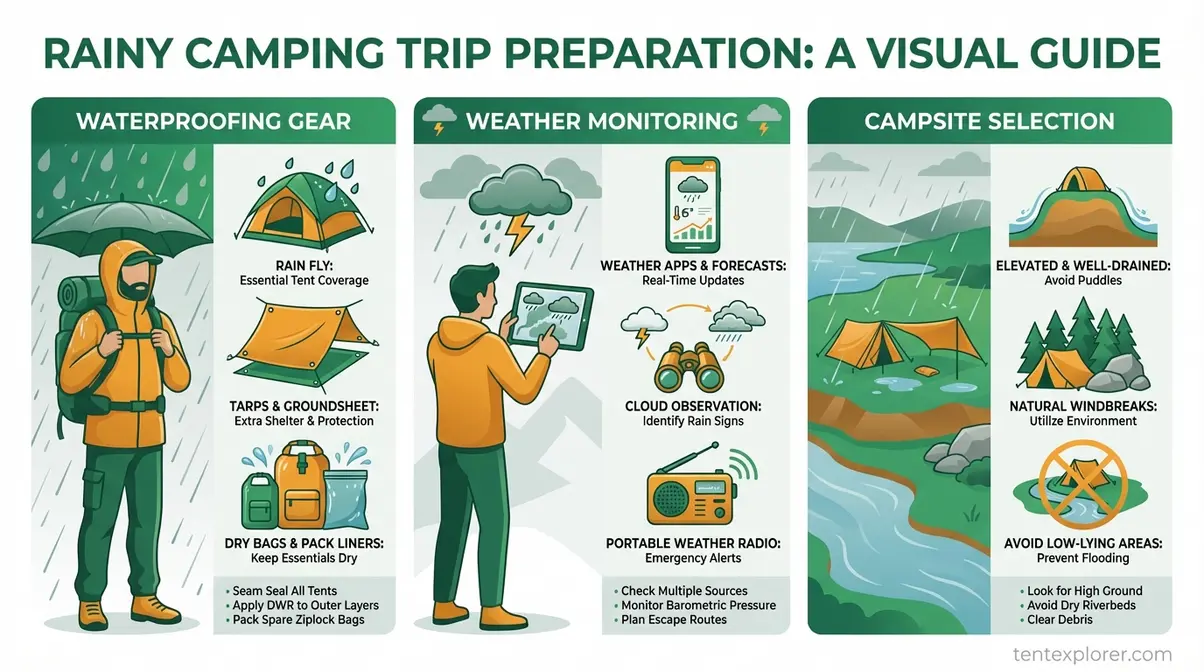 infographic showing rainy camping trip preparation steps including waterproofing gear weather monitoring and campsite selection