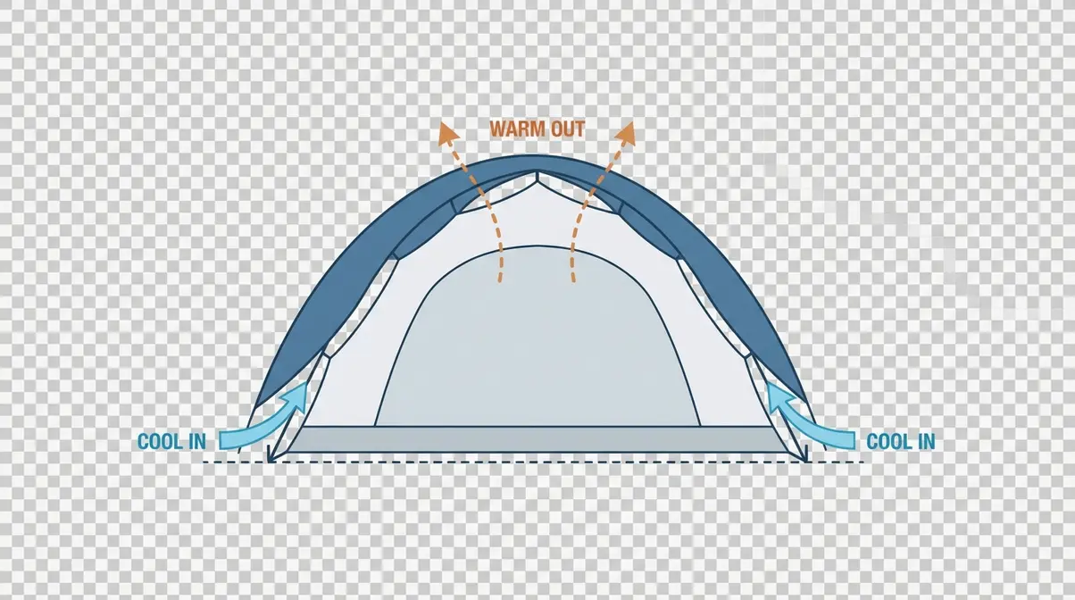 Diagram showing chimney effect airflow preventing condensation in a tent with arrows