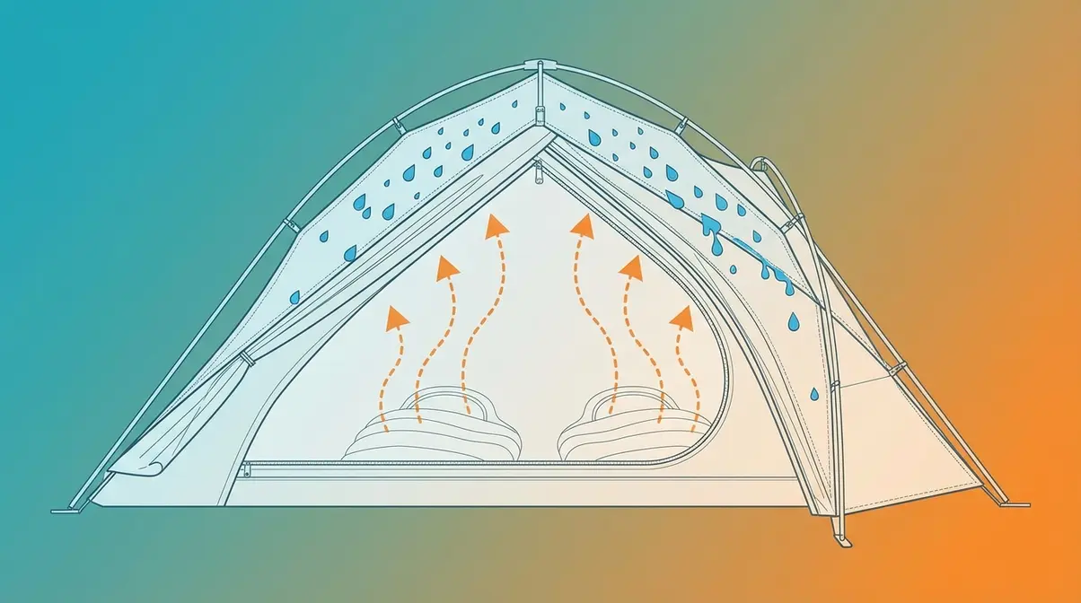 Diagram showing warm moist air rising inside tent hitting cold fabric wall and condensing