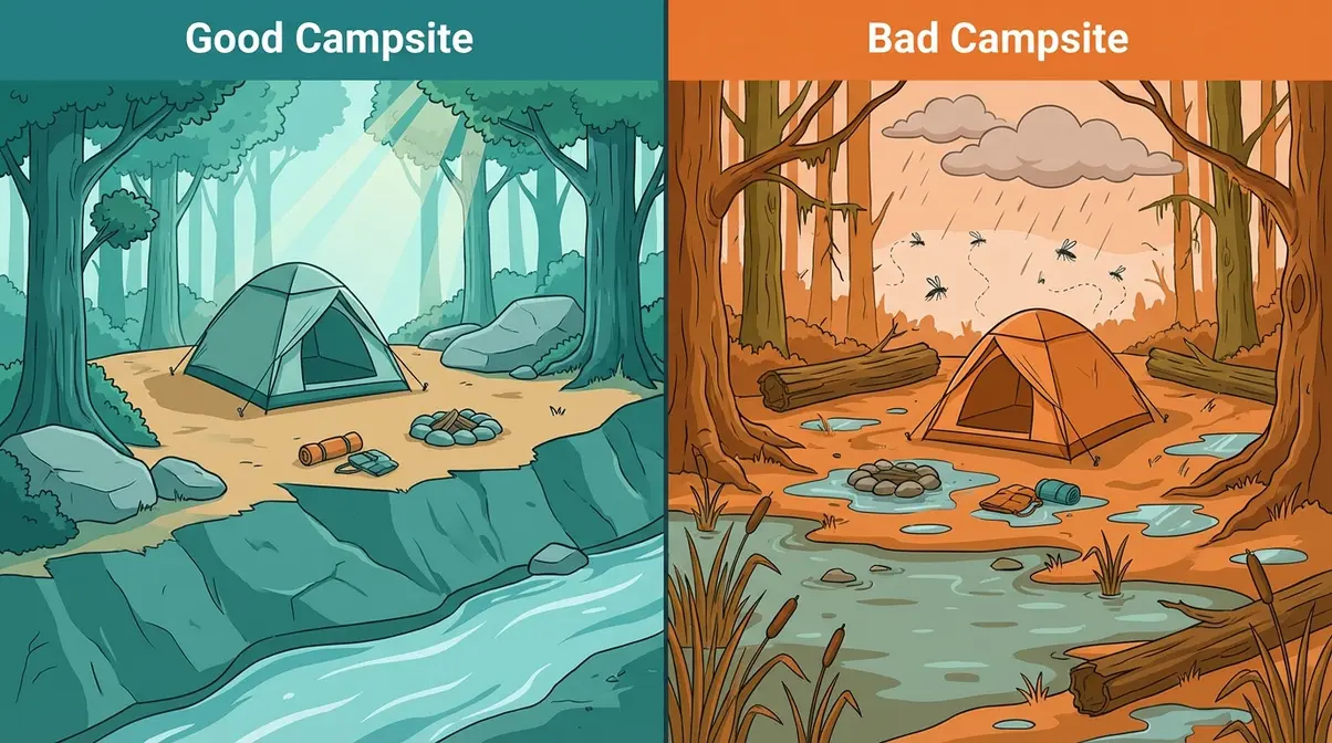 Campsite checklist for preventing condensation in a tent showing look-for vs avoid factors