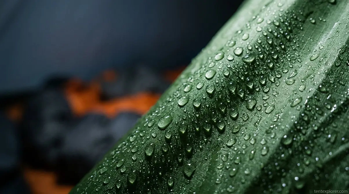 Water droplets forming on tent fabric due to condensation overnight