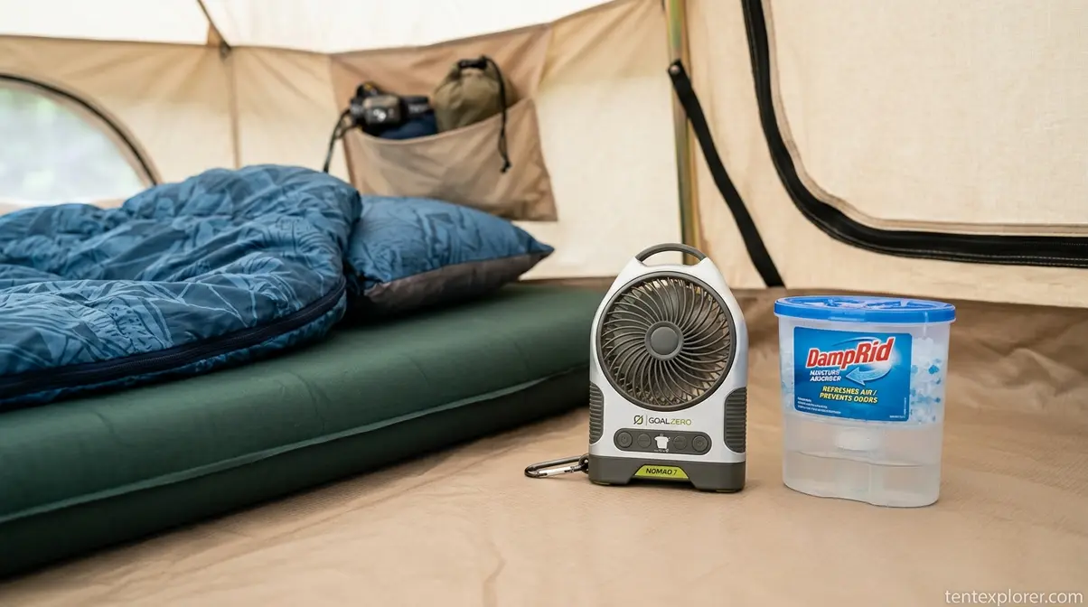 Battery-powered fan and moisture absorber used inside a tent