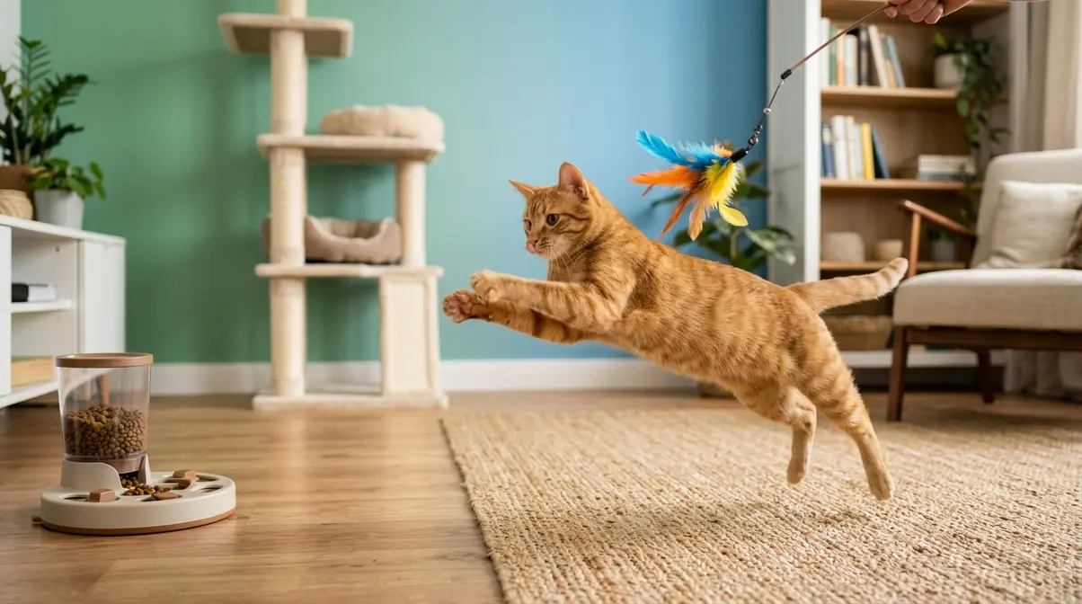 Cat playing with feather wand in enriched home environment to maintain healthy weight and reduce kidney disease risk