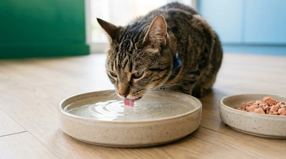 Cat drinking from wide shallow bowl showing best hydration method to prevent kidney disease
