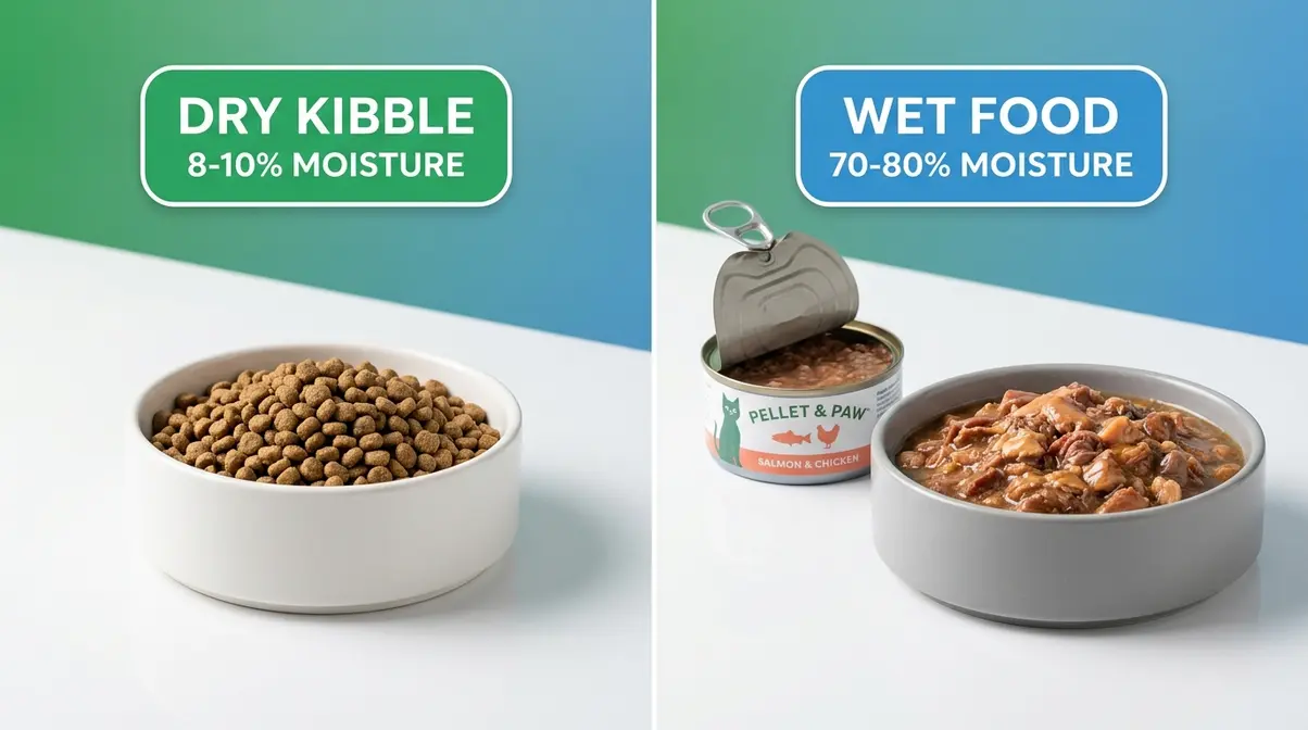 Wet food versus dry kibble moisture comparison for preventing kidney disease in cats