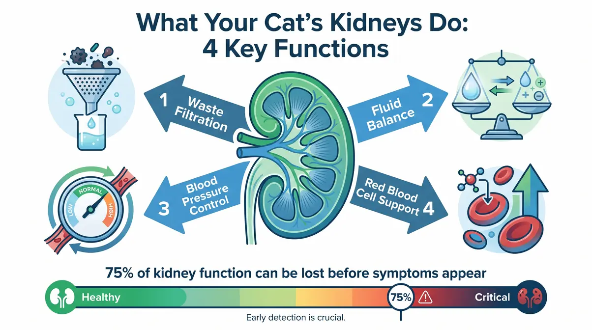 Diagram showing how healthy cat kidneys prevent kidney disease through four key functions