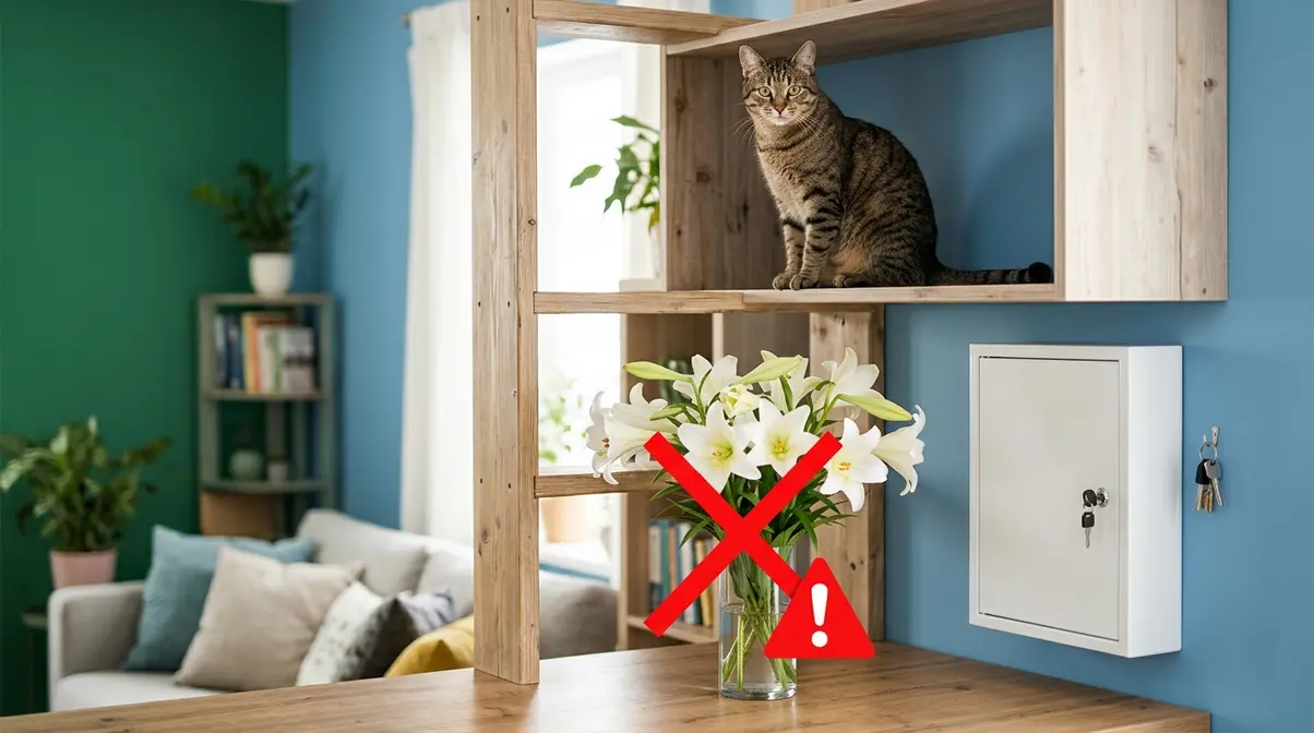 Cat near household toxins including lilies showing kidney disease risks to eliminate at home