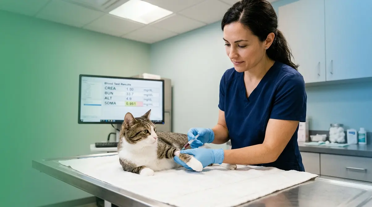 Veterinarian performing SDMA blood test on cat for early kidney disease detection