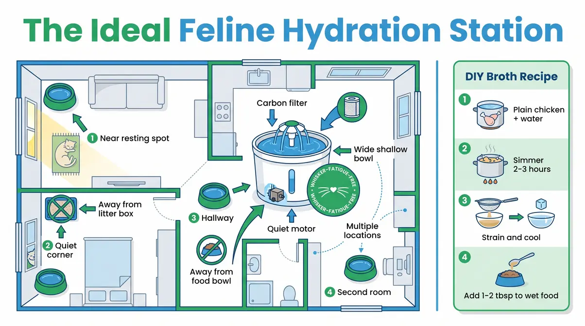 Diagram showing how to set up a hydration station to prevent kidney disease in cats