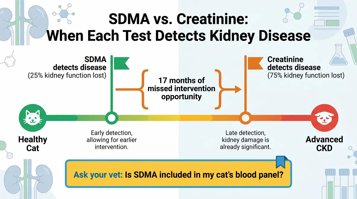 Timeline diagram showing SDMA test detects kidney disease 17 months earlier than creatinine in cats