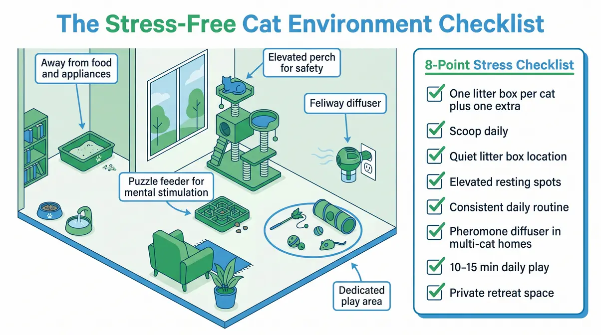Infographic showing how a stress-free environment helps prevent kidney disease in cats