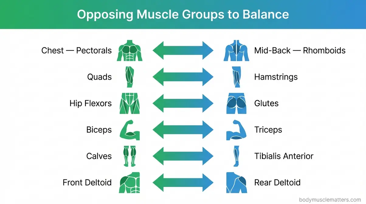 Anatomical infographic showing six opposing muscle group pairs like chest versus mid-back and quads versus hamstrings to prevent muscle imbalances
