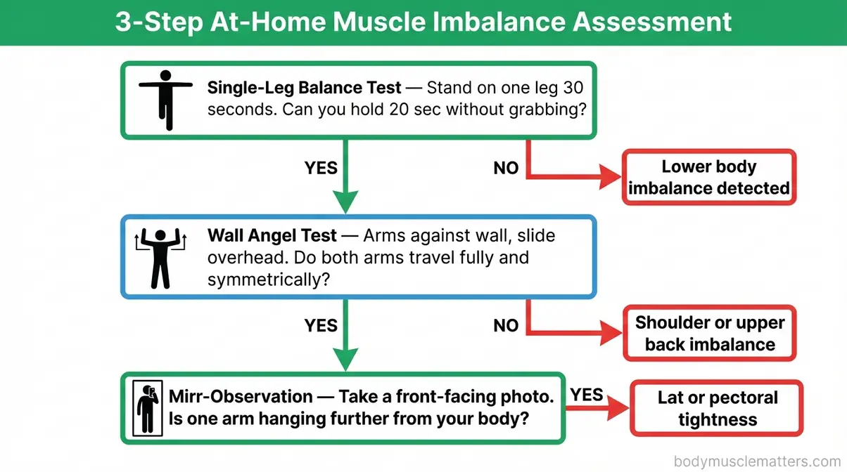 Three-step flowchart for diagnosing muscle imbalances at home including single-leg balance and wall angel self-assessment tests