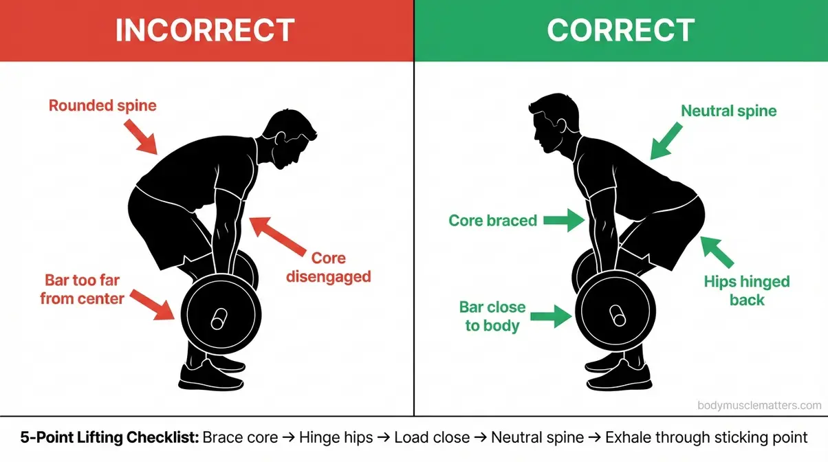 Side-by-side diagram comparing correct and incorrect lifting posture to prevent lower back muscle imbalances and spinal strain