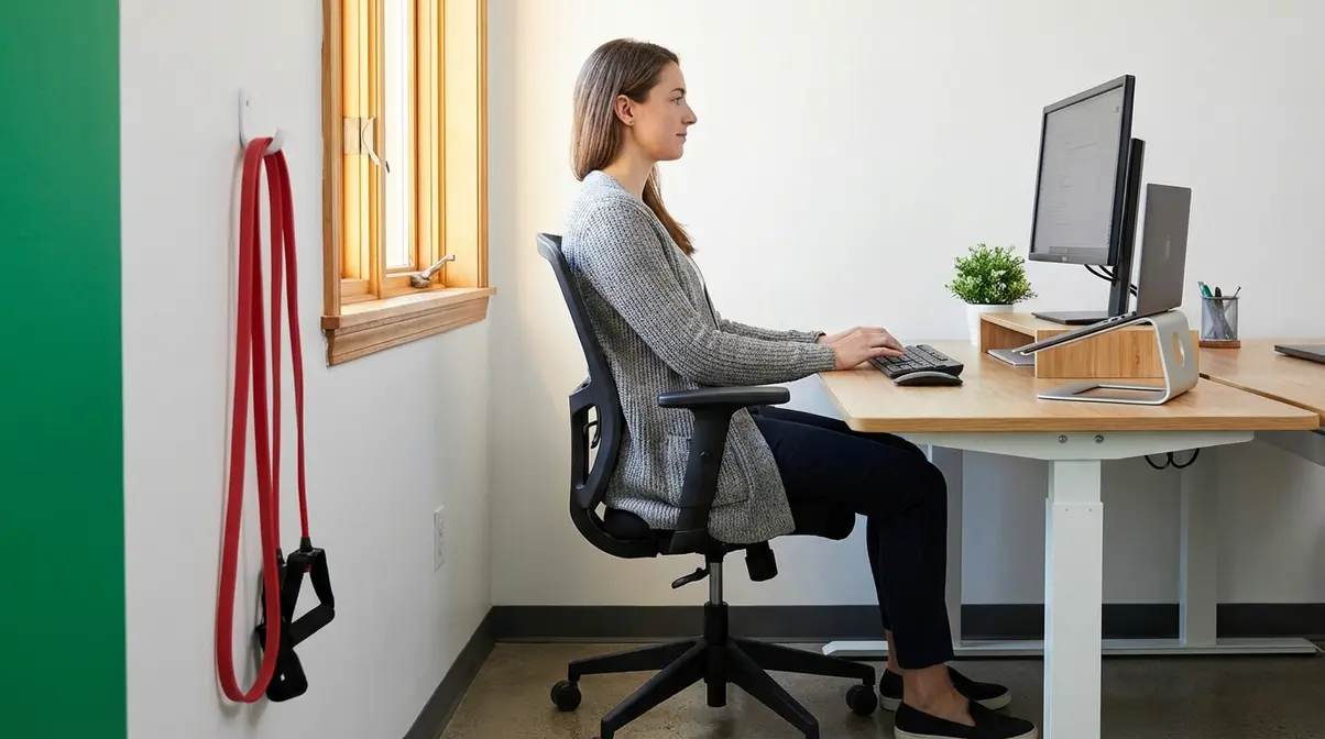 Person sitting at ergonomically correct desk with monitor at eye level to prevent muscle imbalances and tech neck