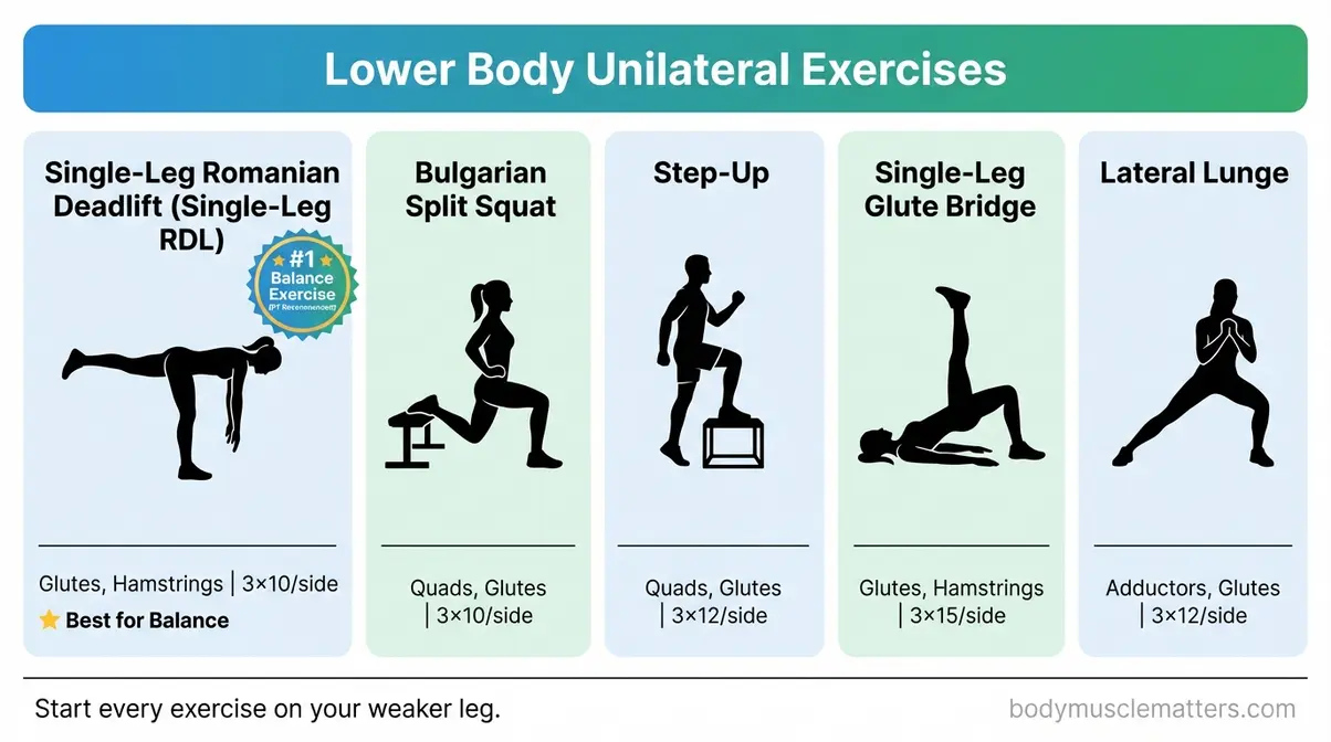 Five lower body unilateral exercises to prevent muscle imbalances in legs including single-leg RDL and Bulgarian split squat with dosing