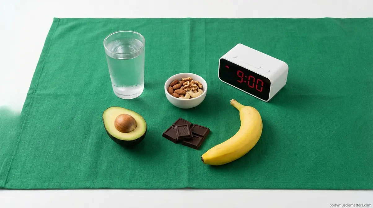Flat-lay of electrolyte-rich recovery foods including avocado, nuts, banana, and water to prevent muscle twitching and spasms
