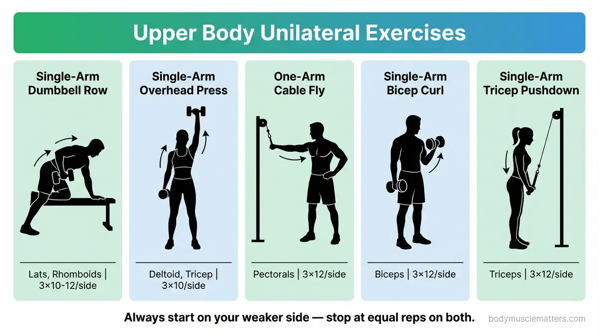 Five upper body unilateral exercises to correct muscle imbalances including single-arm row and overhead press with sets and reps dosing