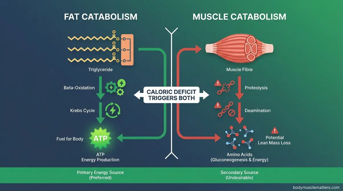 Biology of a cutting phase showing fat catabolism versus muscle catabolism dual pathways diagram