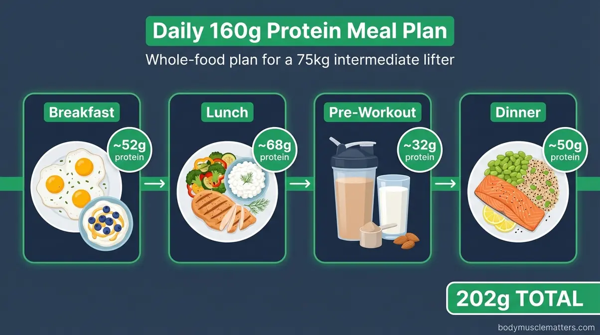 High protein meal plan for cutting showing 160g per day across four whole-food meals