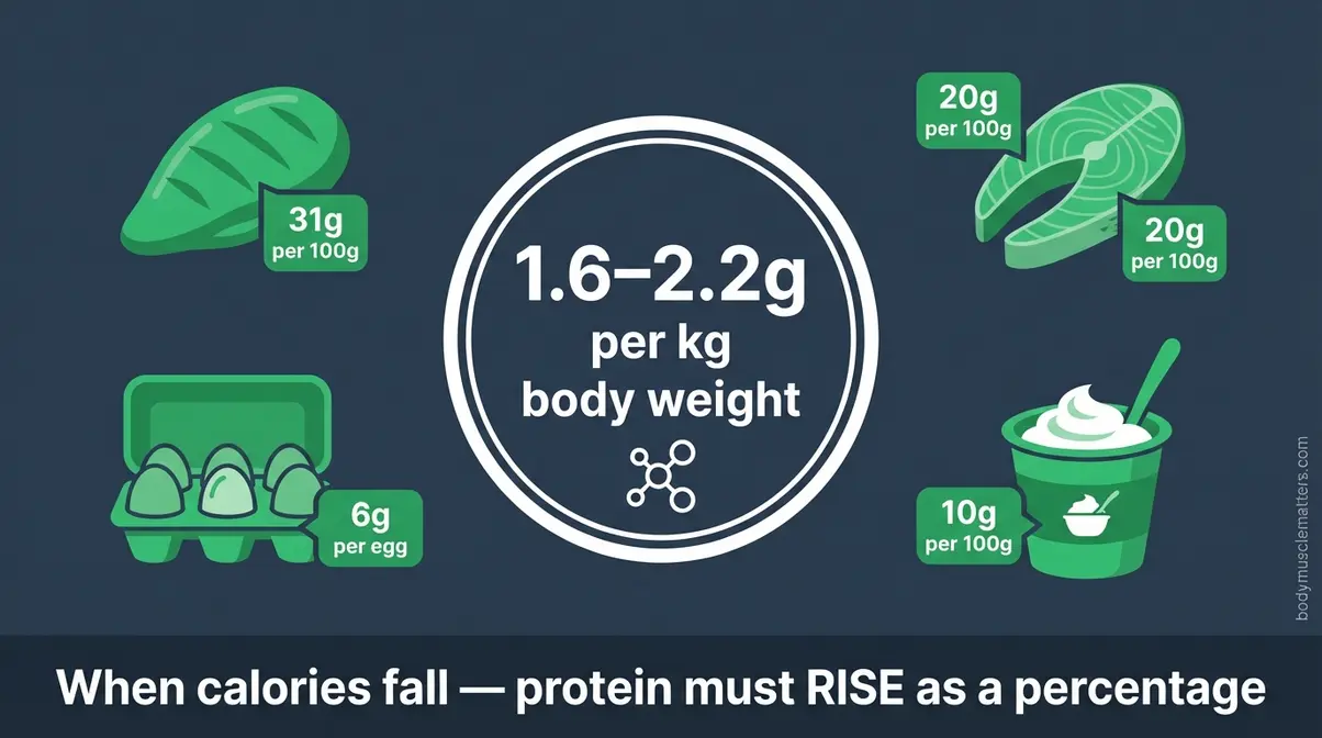 Daily protein target for cutting showing 1.6 to 2.2g per kg body weight with whole food sources