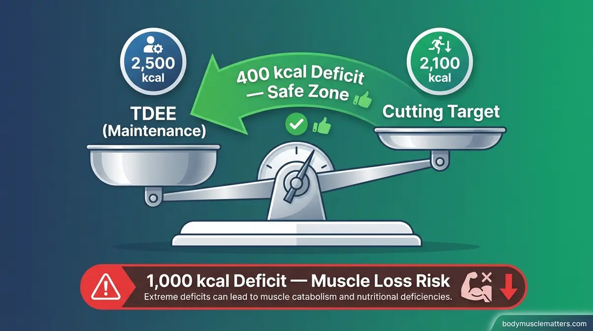 Moderate calorie deficit scale showing 300 to 500 kcal daily gap for muscle preservation when cutting