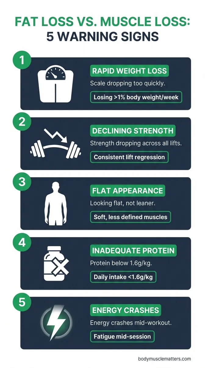 How to prevent muscle loss when cutting — five warning signs of muscle catabolism infographic with thresholds