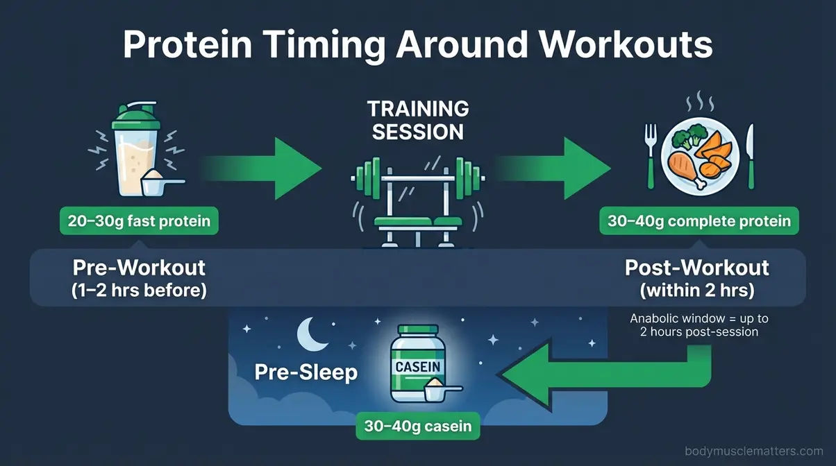 Protein timing around workouts showing pre-workout post-workout and pre-sleep windows for muscle retention